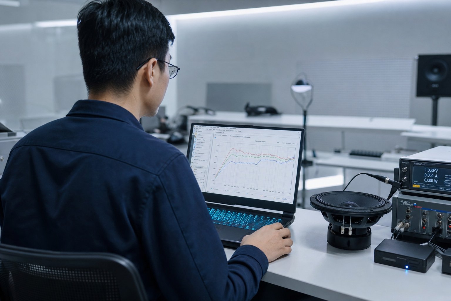 Sound design studio — engineer tuning loudspeaker