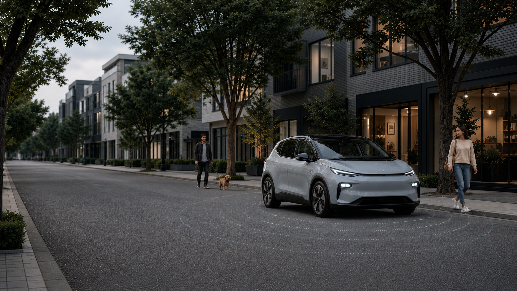A quiet electric vehicle in an urban street with restrained circular sound coverage