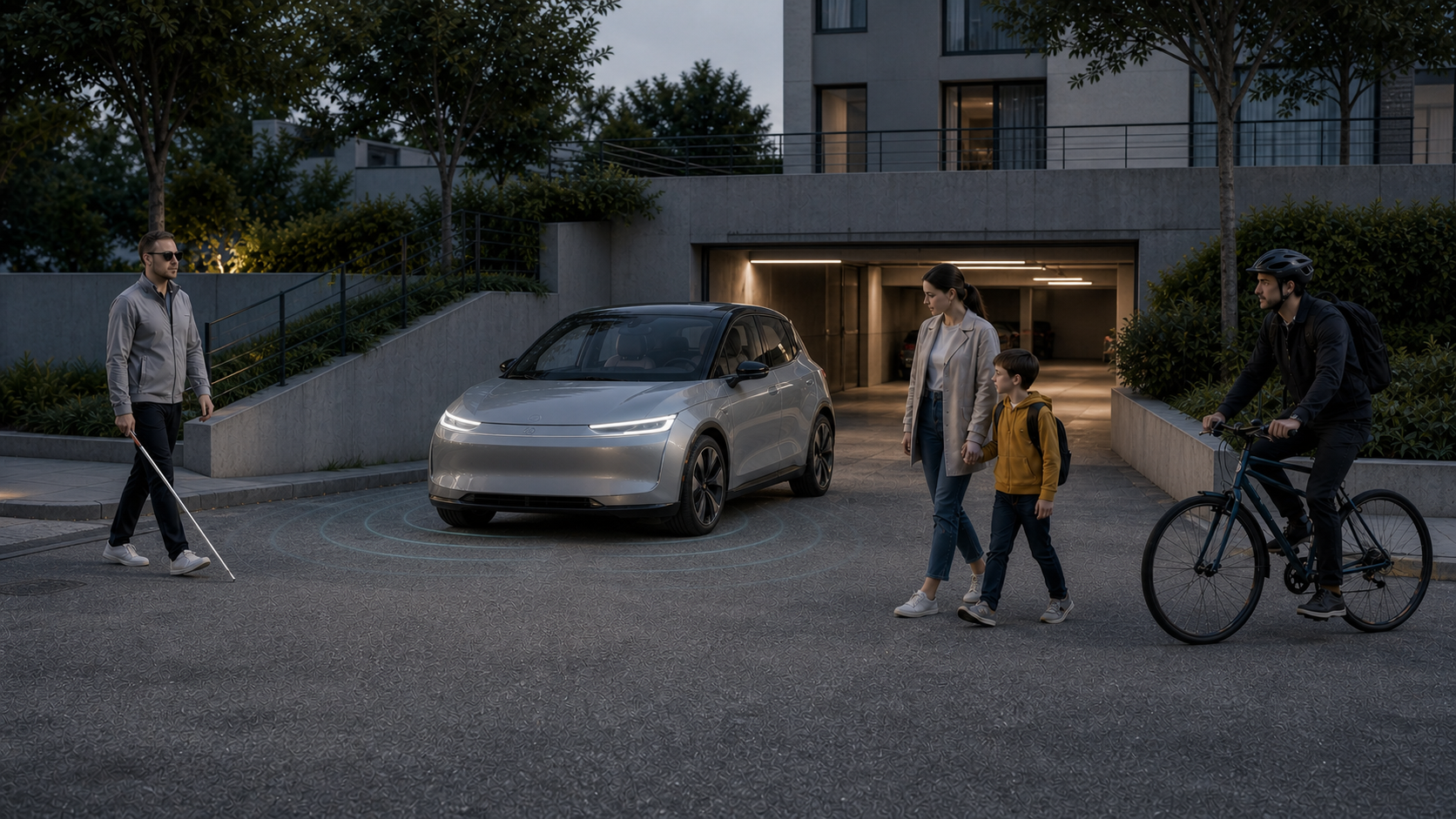 An electric vehicle near a blind pedestrian, a child and a cyclist in a low-speed setting