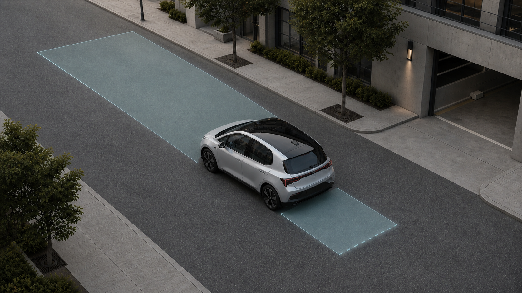 Top view of an electric vehicle with different forward and reverse sound coverage zones